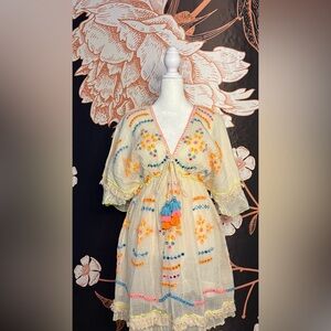 Papa Pia Luxe Cream Mini Dress with Neon Embroidery & Mirror Accent Detail
